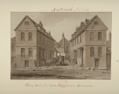 View of a figure collecting water in Pump Court, Vine Yard, Bermondsey, 1828 by John Chessell Buckler